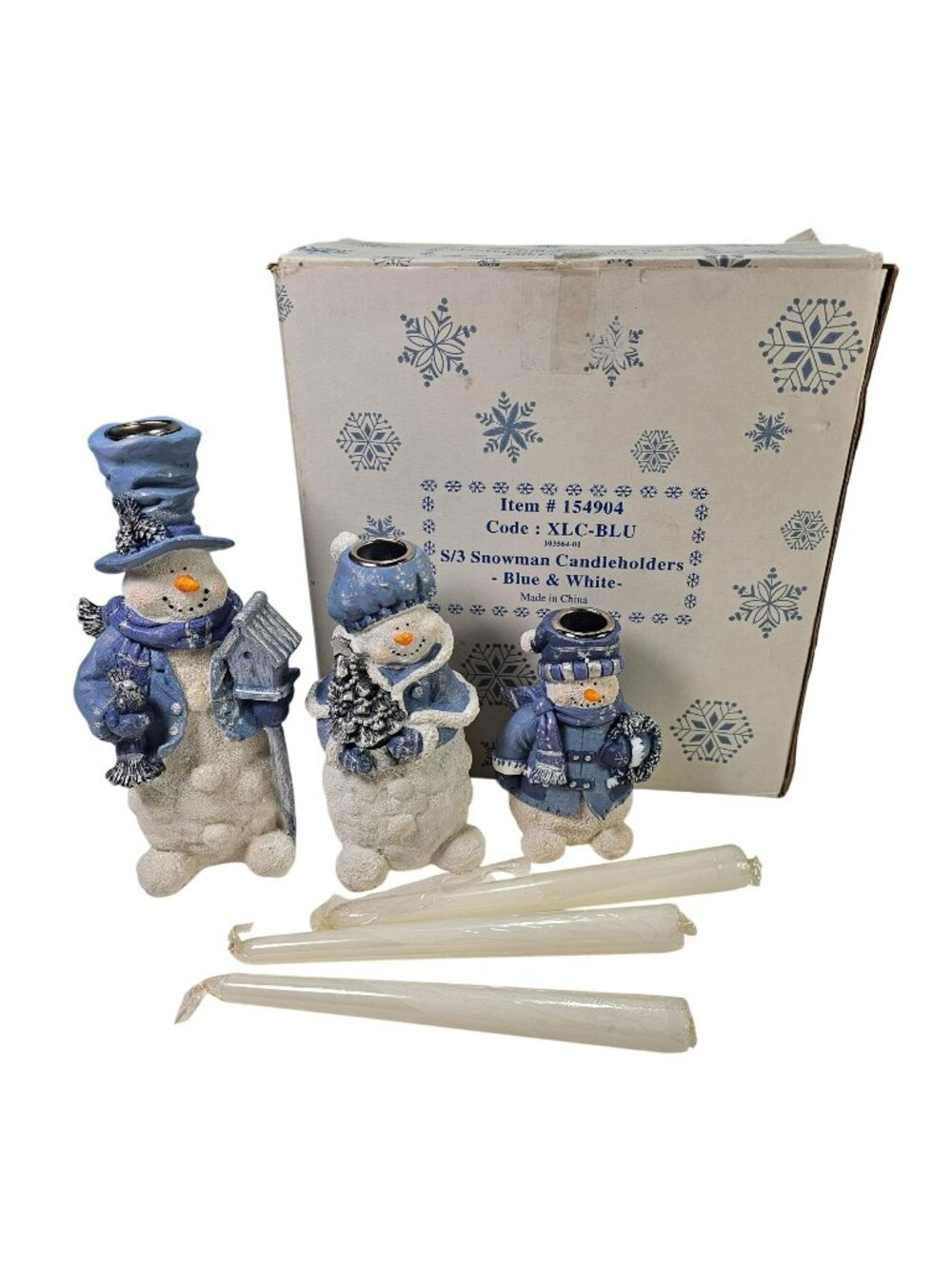 Family of 3 Snowman Candleholders w/ 8" Tapers Blue/White Christmas Holiday Wint